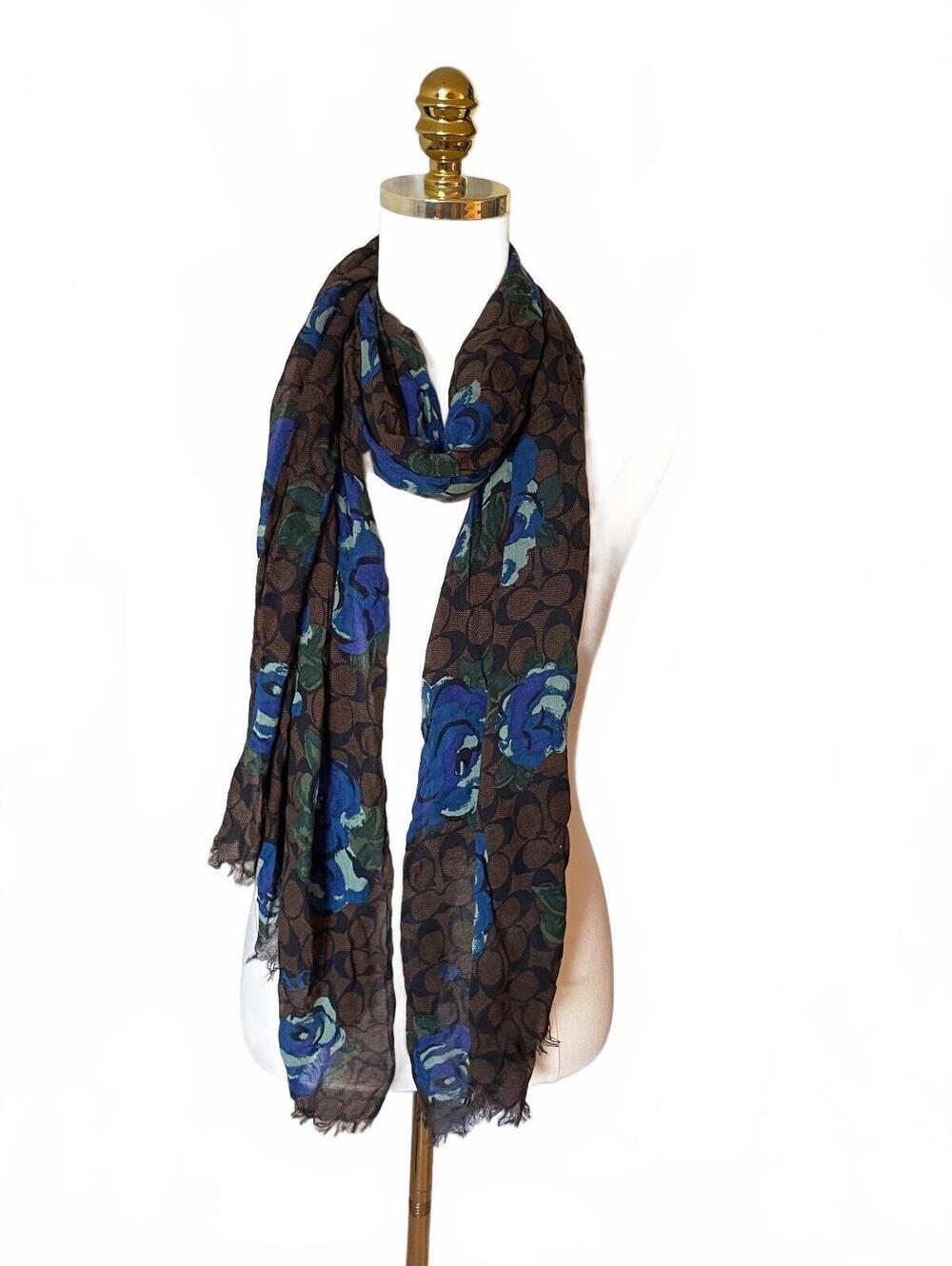 Coach sheer brown monogram scarf with blue floral print